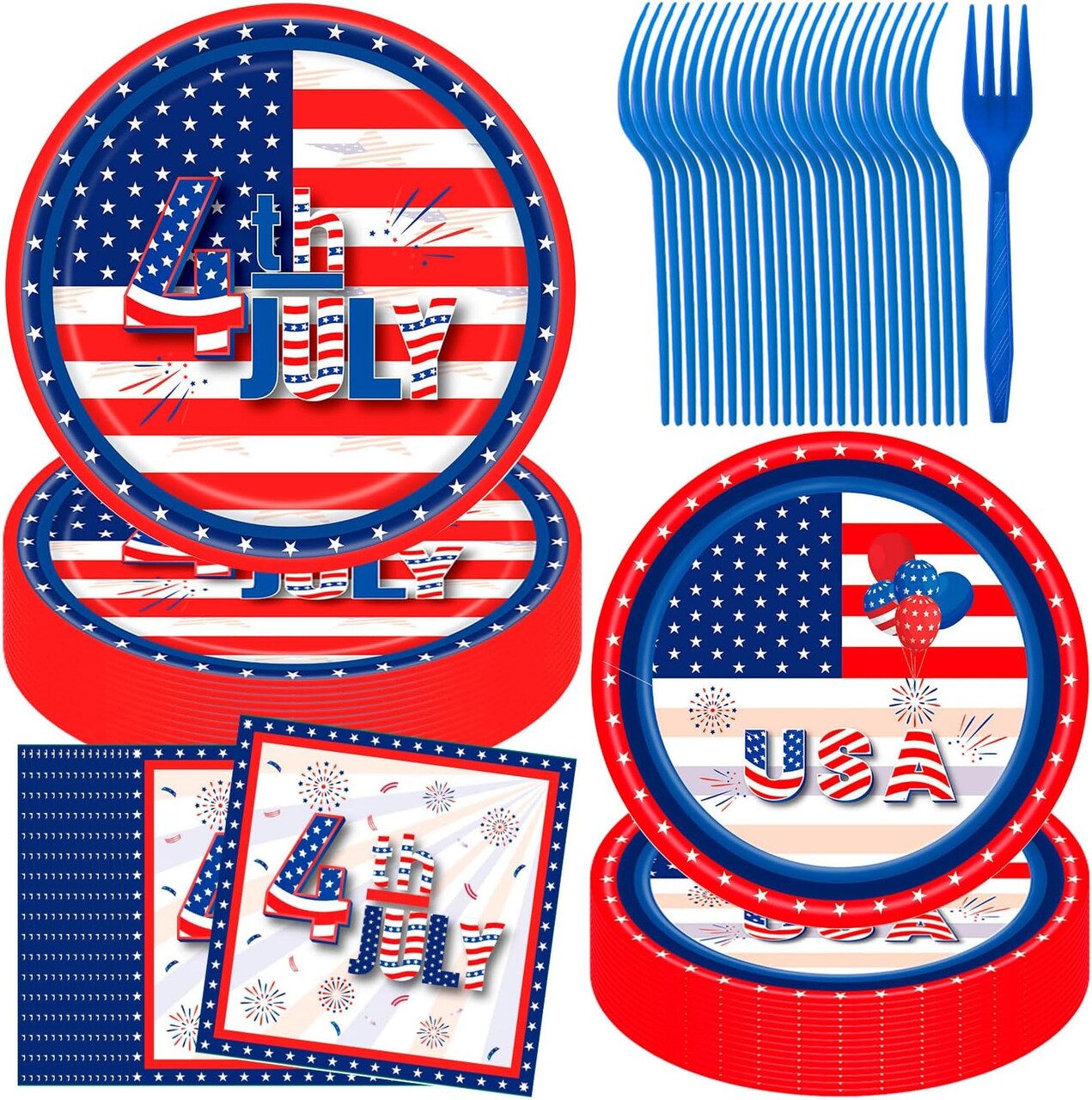 96-Piece Patriotic 4th of July Disposable Tableware Set - Star-Spangled Plates, Forks & Napkins with USA Flag Design for Independence Day BBQ, Pool Parties & Festive Celebrations